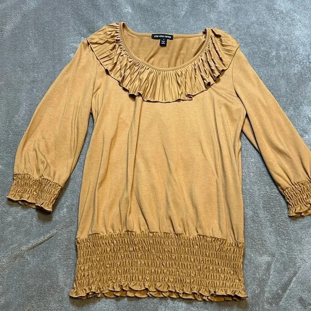 Cha Cha Vente Ruffle Shirt | Mustard | Camel Color | Ruffles | Shirt with Ruffle